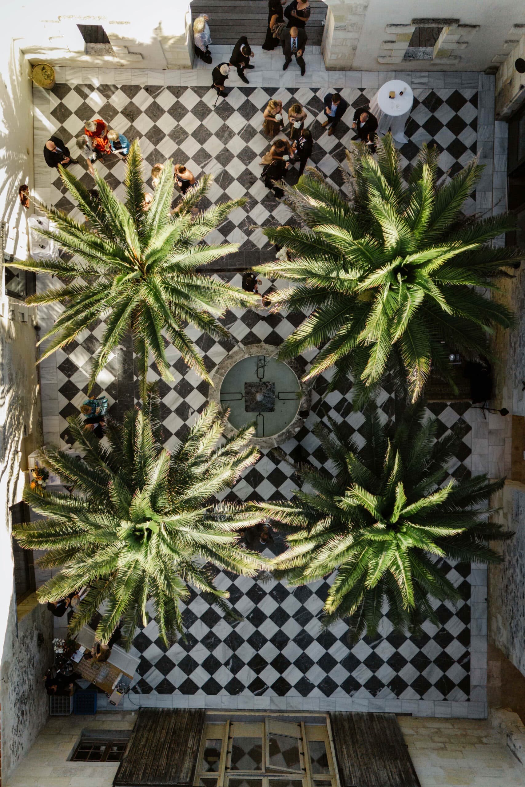 The chequered courtyard and palms seen from above