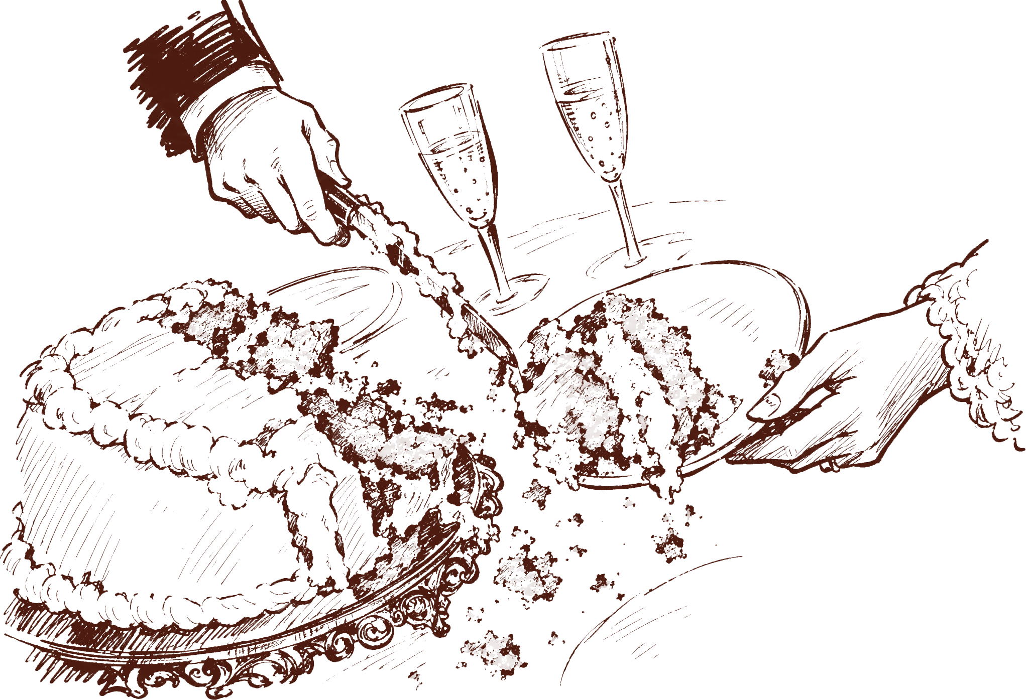 A drawing of the wedding cake being cut, with two glasses of champagne