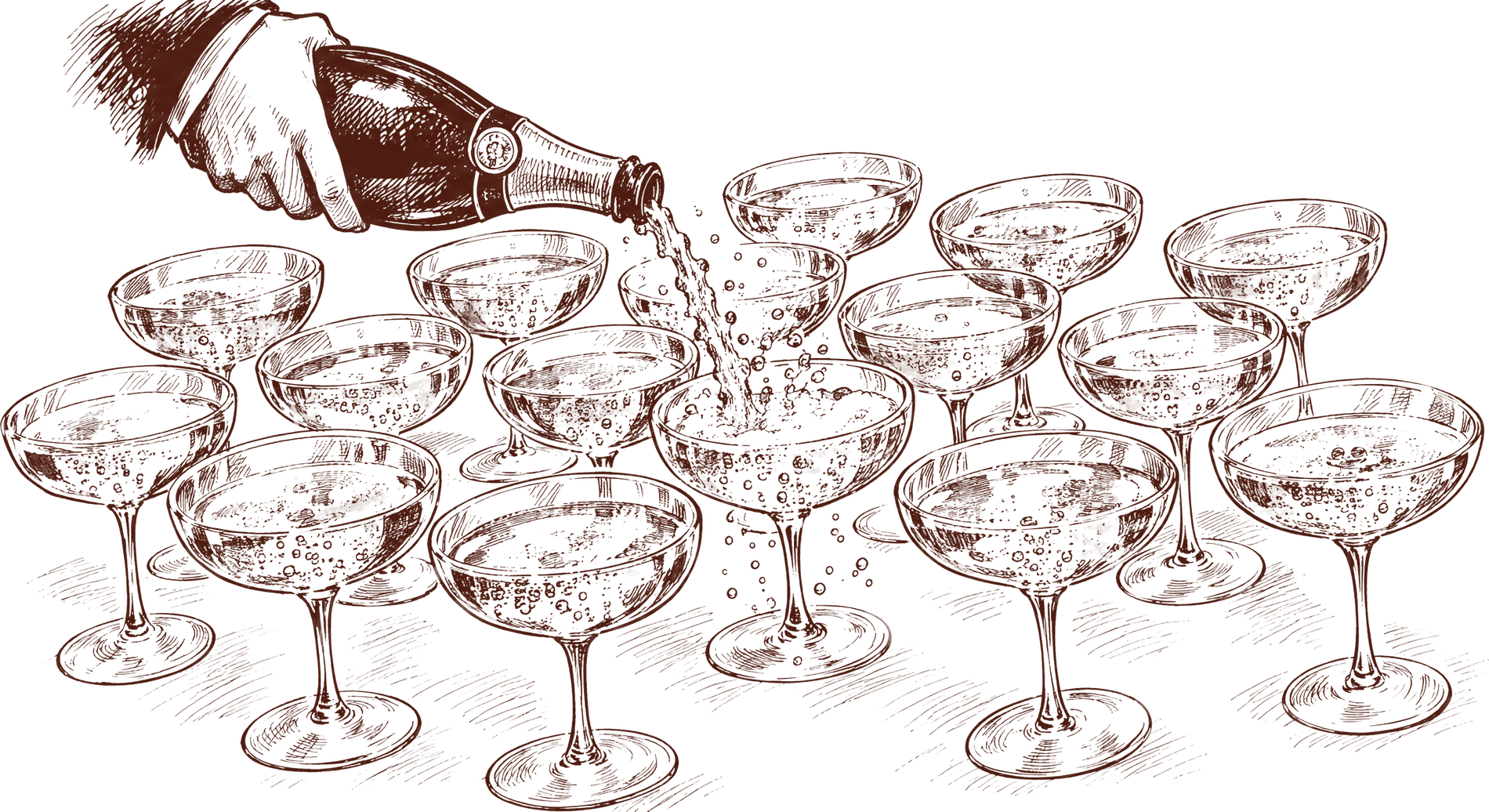 A drawing of champagne being poured across a table of coupes